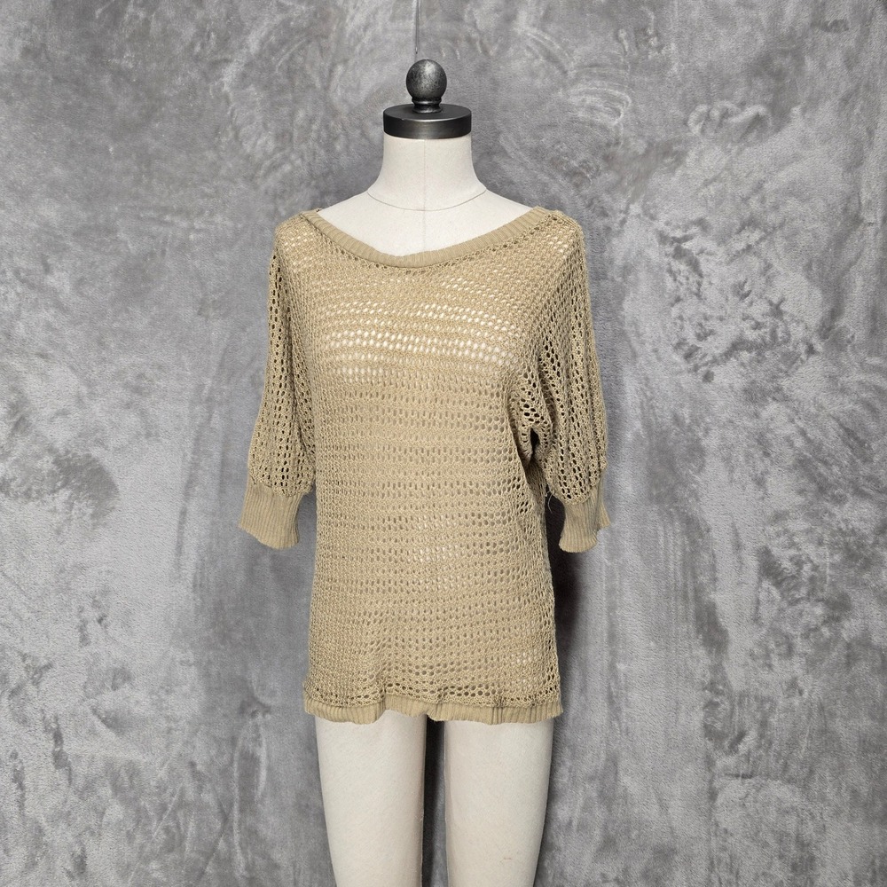 Annabelle Tan Crochet Open Knit Batwing Sweater Top Womens M Boho Coastal Layer